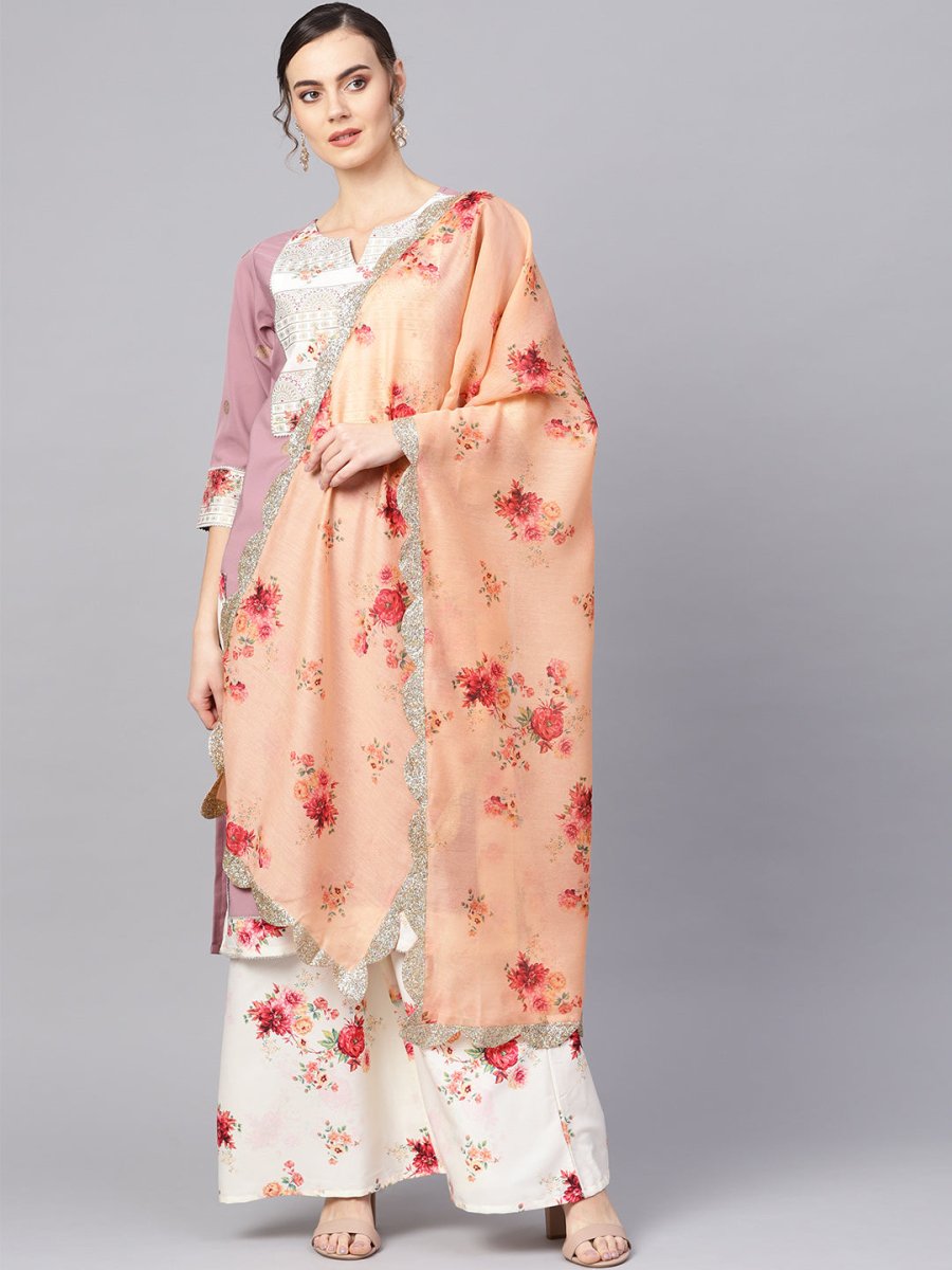 Ahalyaa Women Mauve & Cream-Coloured Printed Kurta with Palazzos & Dupatta | Swadesiicart