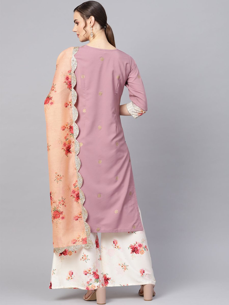 Ahalyaa Women Mauve & Cream-Coloured Printed Kurta with Palazzos & Dupatta | Swadesiicart