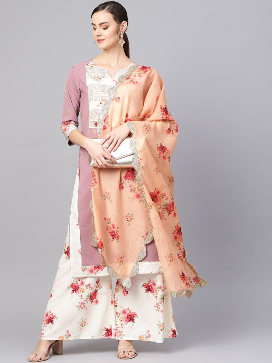 Ahalyaa Women Mauve & Cream-Coloured Printed Kurta with Palazzos & Dupatta | Swadesiicart