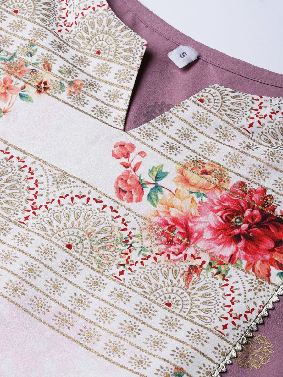 Ahalyaa Women Mauve & Cream-Coloured Printed Kurta with Palazzos & Dupatta | Swadesiicart
