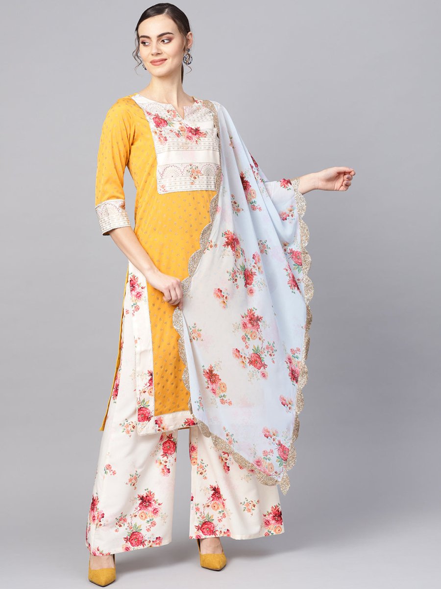 Ahalyaa Mustard Yellow & Cream-Coloured Printed Kurta with Palazzos & Dupatta | Swadesiicart