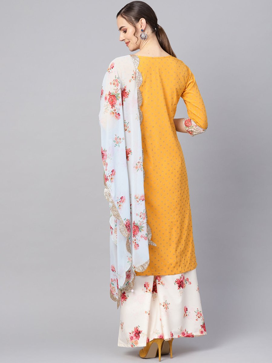 Ahalyaa Mustard Yellow & Cream-Coloured Printed Kurta with Palazzos & Dupatta | Swadesiicart