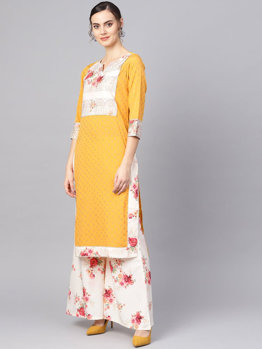 Ahalyaa Mustard Yellow & Cream-Coloured Printed Kurta with Palazzos & Dupatta | Swadesiicart