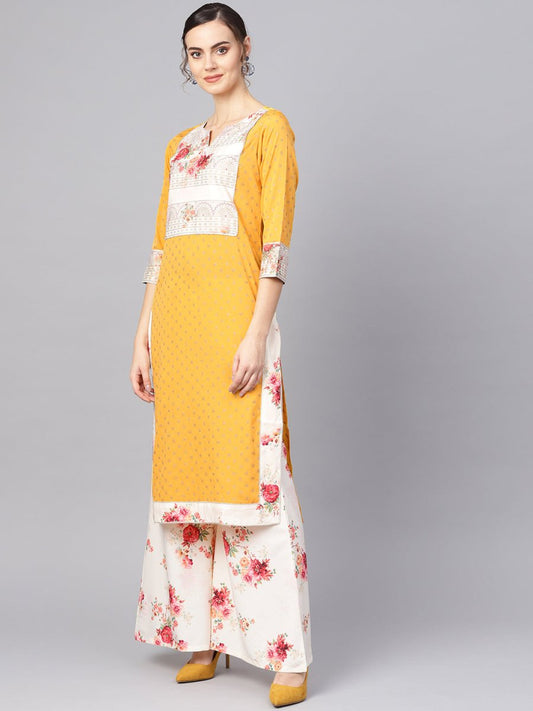 Ahalyaa Mustard Yellow & Cream-Coloured Printed Kurta with Palazzos & Dupatta | Swadesiicart