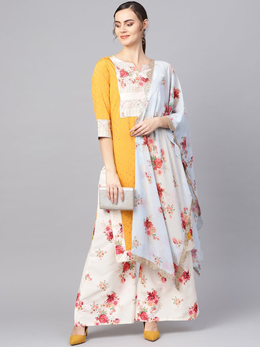 Ahalyaa Mustard Yellow & Cream-Coloured Printed Kurta with Palazzos & Dupatta | Swadesiicart