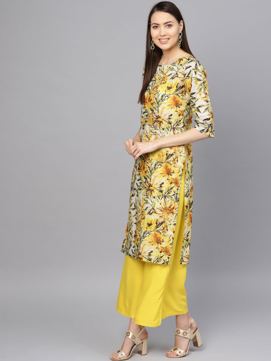 Ahalyaa Yellow Printed Kurta Set For Women | Swadesiicart