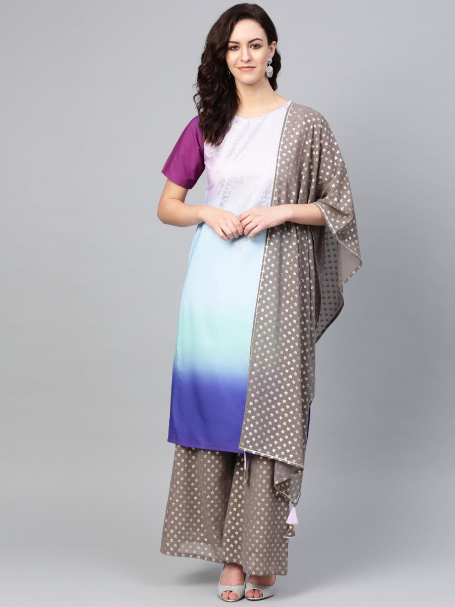 Ahalyaa Women Blue & Charcoal Grey Printed Kurta with Palazzos & Dupatta | Swadesiicart