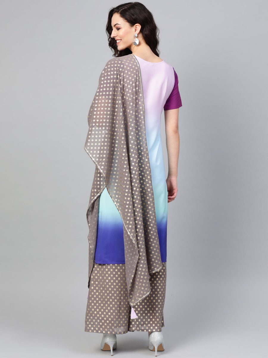 Ahalyaa Women Blue & Charcoal Grey Printed Kurta with Palazzos & Dupatta | Swadesiicart