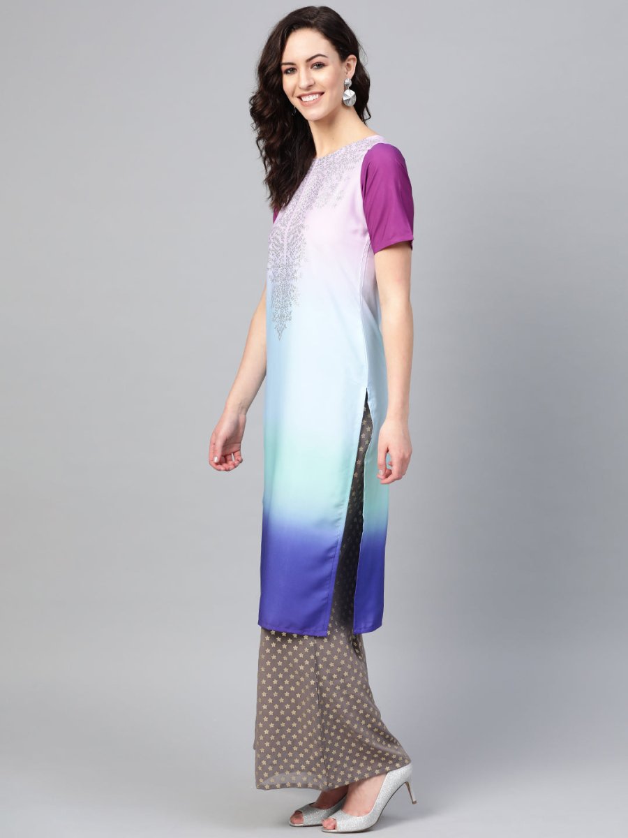 Ahalyaa Women Blue & Charcoal Grey Printed Kurta with Palazzos & Dupatta | Swadesiicart