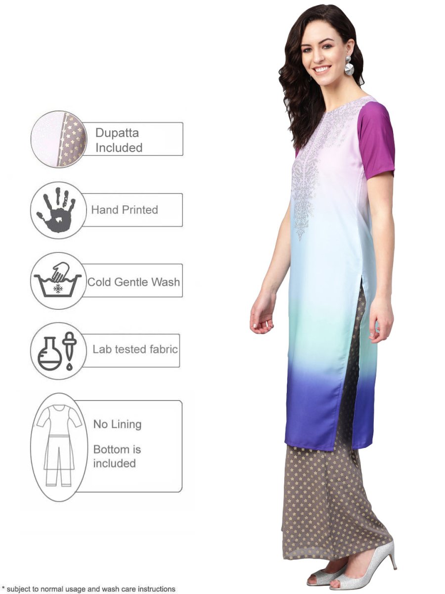 Ahalyaa Women Blue & Charcoal Grey Printed Kurta with Palazzos & Dupatta | Swadesiicart