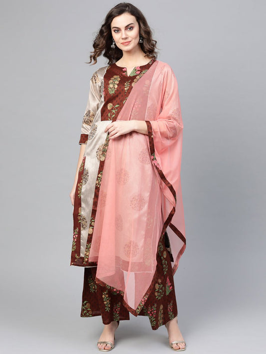 Ahalyaa Grey & Coffee Brown Printed Kurta with Palazzo & Dupatta | Swadesiicart