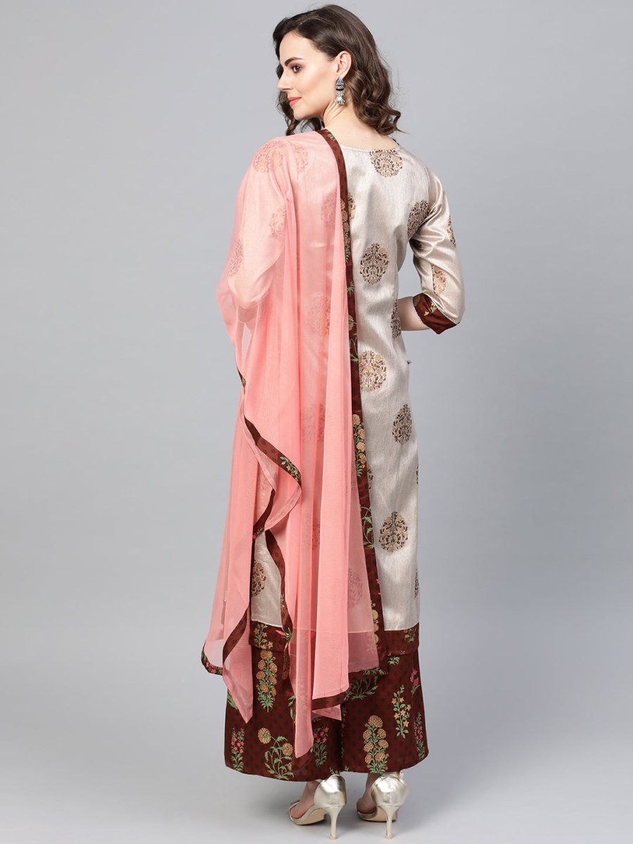 Ahalyaa Grey & Coffee Brown Printed Kurta with Palazzo & Dupatta | Swadesiicart