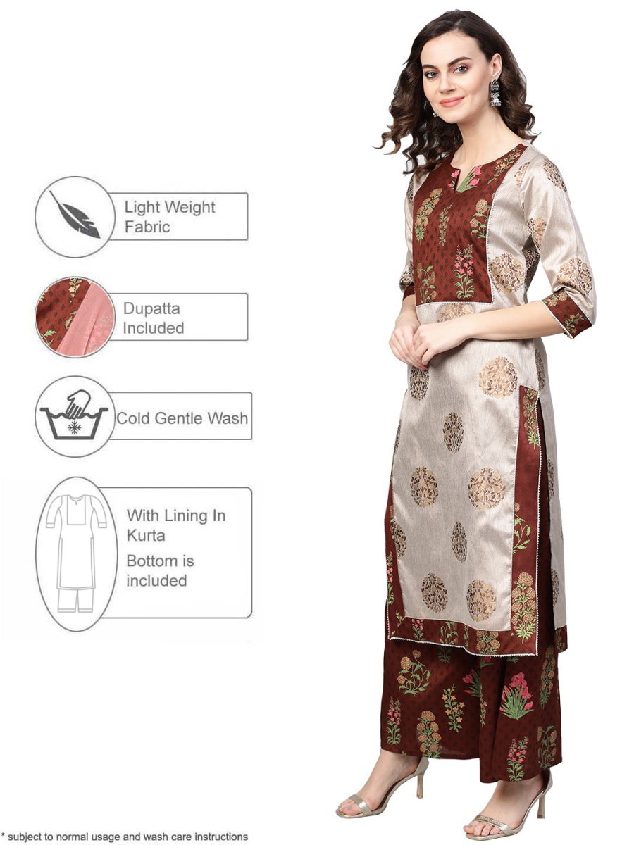 Ahalyaa Grey & Coffee Brown Printed Kurta with Palazzo & Dupatta | Swadesiicart
