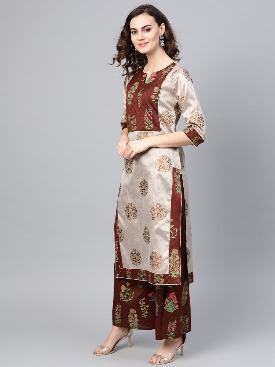 Ahalyaa Grey & Coffee Brown Printed Kurta with Palazzo & Dupatta | Swadesiicart