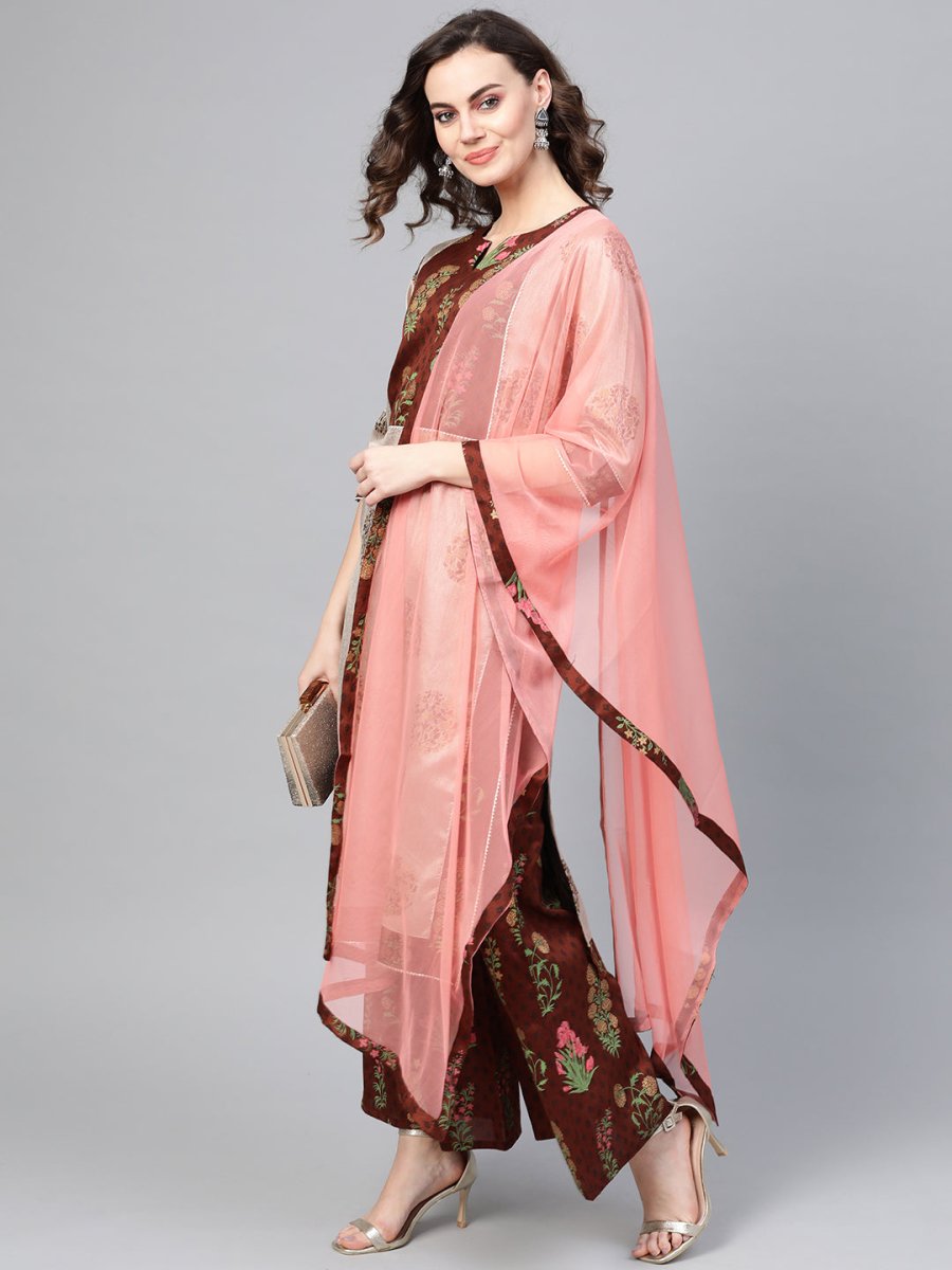 Ahalyaa Grey & Coffee Brown Printed Kurta with Palazzo & Dupatta | Swadesiicart