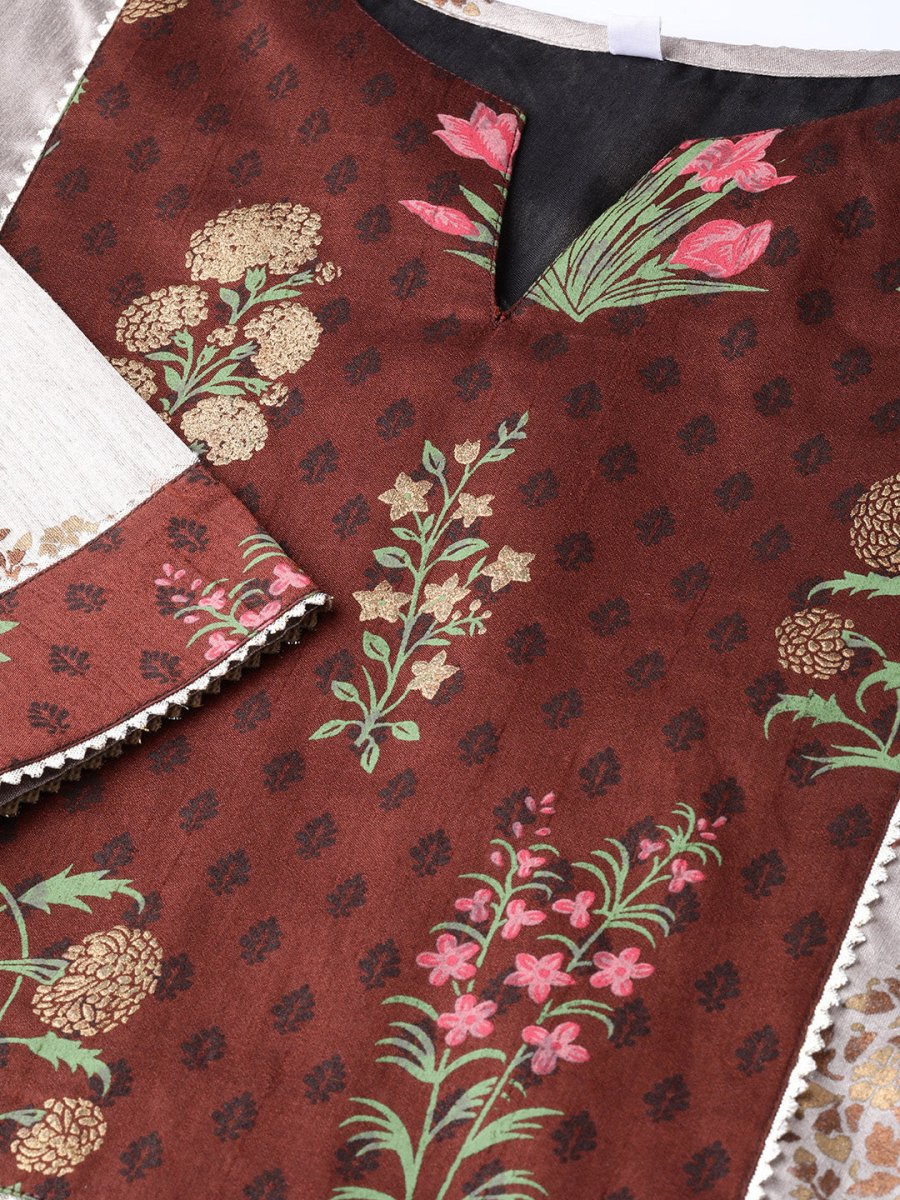 Ahalyaa Grey & Coffee Brown Printed Kurta with Palazzo & Dupatta | Swadesiicart