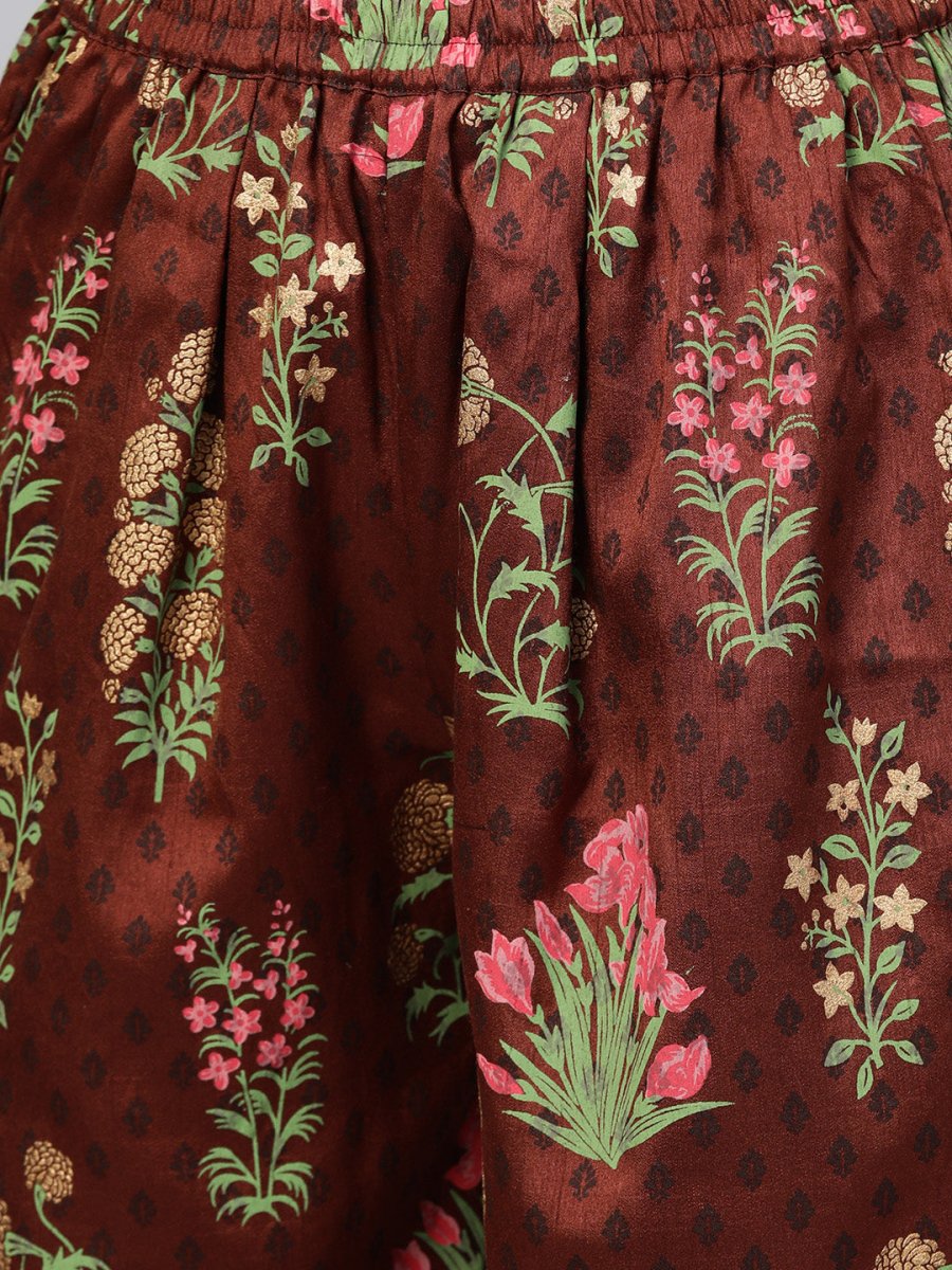 Ahalyaa Grey & Coffee Brown Printed Kurta with Palazzo & Dupatta | Swadesiicart