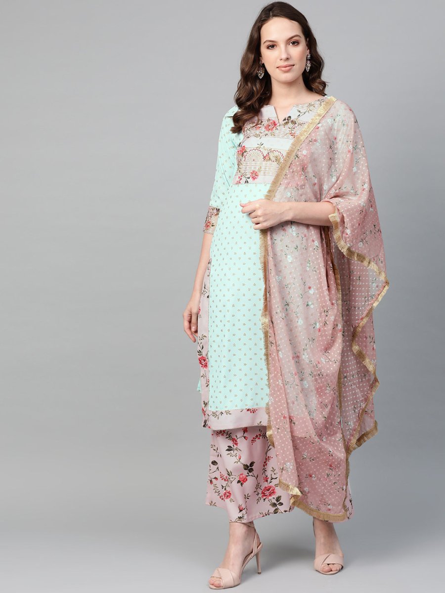 Ahalyaa Women Sea Green & Pink Printed Straight Kurta with Palazzos & Dupatta | Swadesiicart