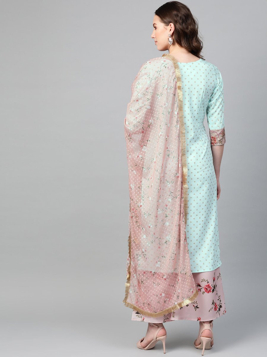 Ahalyaa Women Sea Green & Pink Printed Straight Kurta with Palazzos & Dupatta | Swadesiicart