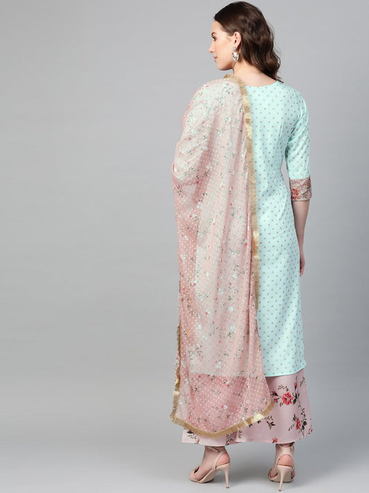 Ahalyaa Women Sea Green & Pink Printed Straight Kurta with Palazzos & Dupatta | Swadesiicart