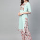 Ahalyaa Women Sea Green & Pink Printed Straight Kurta with Palazzos & Dupatta | Swadesiicart