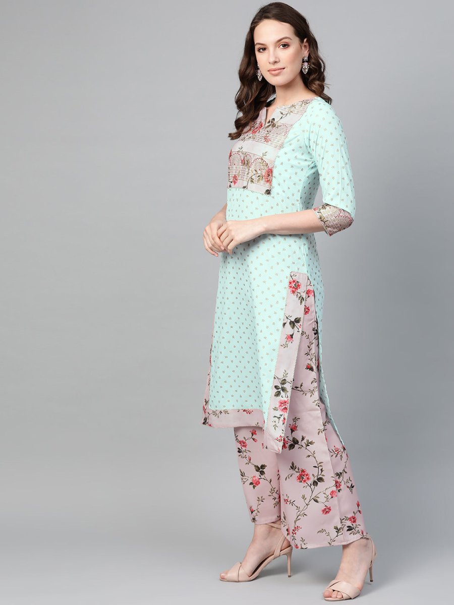 Ahalyaa Women Sea Green & Pink Printed Straight Kurta with Palazzos & Dupatta | Swadesiicart