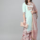 Ahalyaa Women Sea Green & Pink Printed Straight Kurta with Palazzos & Dupatta | Swadesiicart