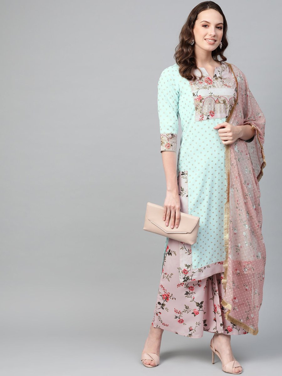 Ahalyaa Women Sea Green & Pink Printed Straight Kurta with Palazzos & Dupatta | Swadesiicart