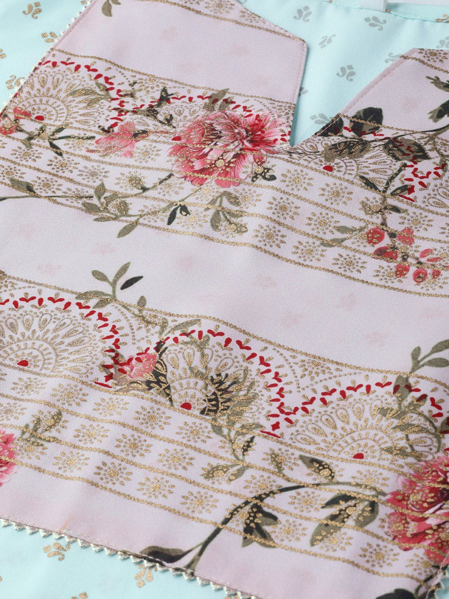 Ahalyaa Women Sea Green & Pink Printed Straight Kurta with Palazzos & Dupatta | Swadesiicart
