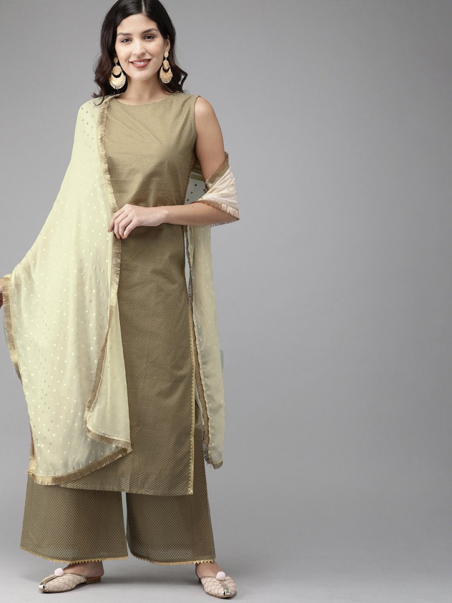 Ahalyaa Women Gold Beige Kurta Set | Swadesiicart