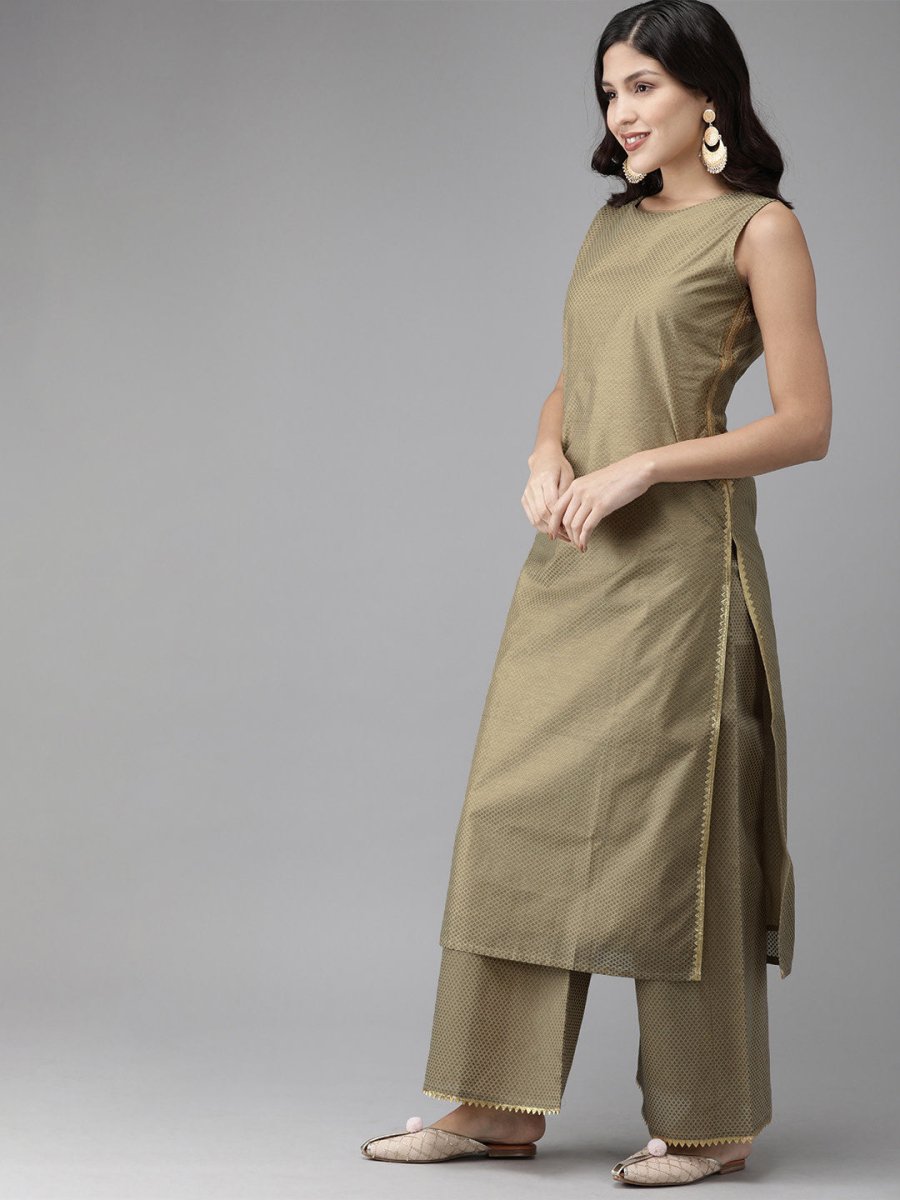Ahalyaa Women Gold Beige Kurta Set | Swadesiicart