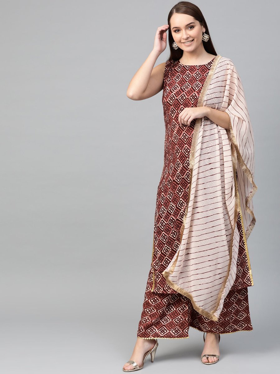 Ahalyaa Women Maroon & Off-White Printed Kurta with Palazzos & Dupatta | Swadesiicart