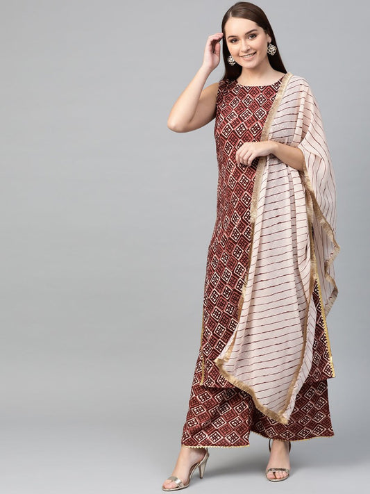Ahalyaa Women Maroon & Off-White Printed Kurta with Palazzos & Dupatta | Swadesiicart