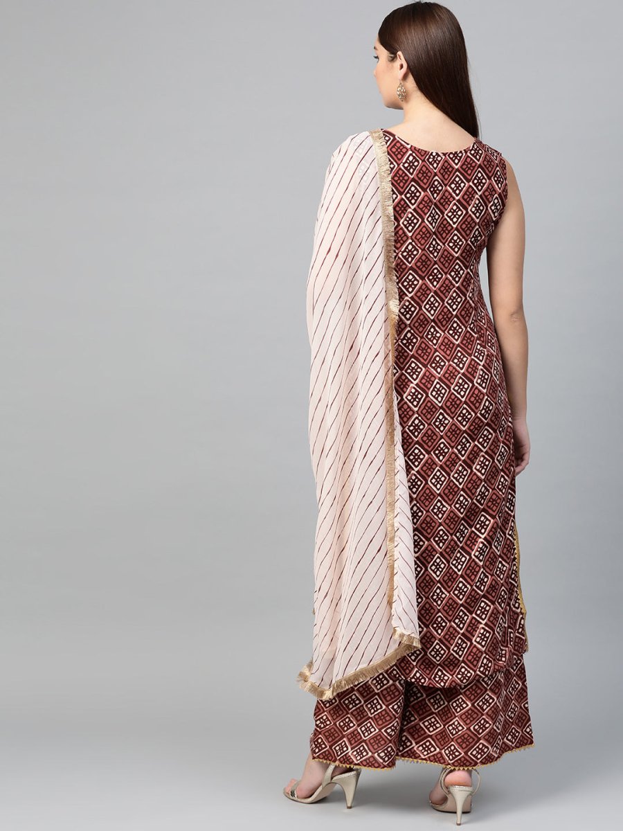 Ahalyaa Women Maroon & Off-White Printed Kurta with Palazzos & Dupatta | Swadesiicart