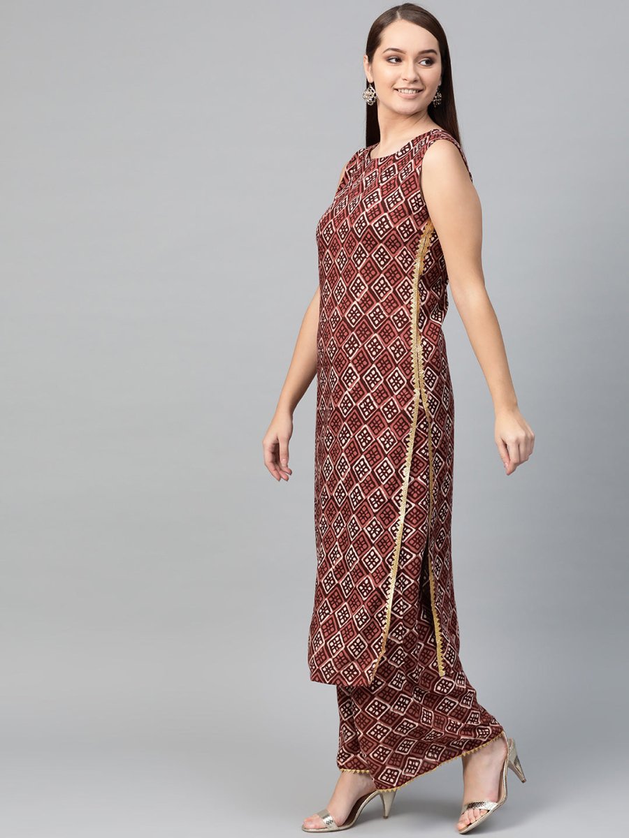 Ahalyaa Women Maroon & Off-White Printed Kurta with Palazzos & Dupatta | Swadesiicart