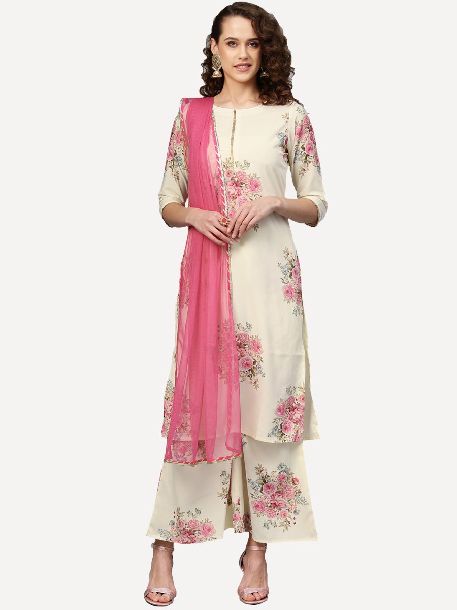 Ahalyaa Women Cream-Coloured & Pink Printed Kurta with Palazzos & Dupatta | Swadesiicart