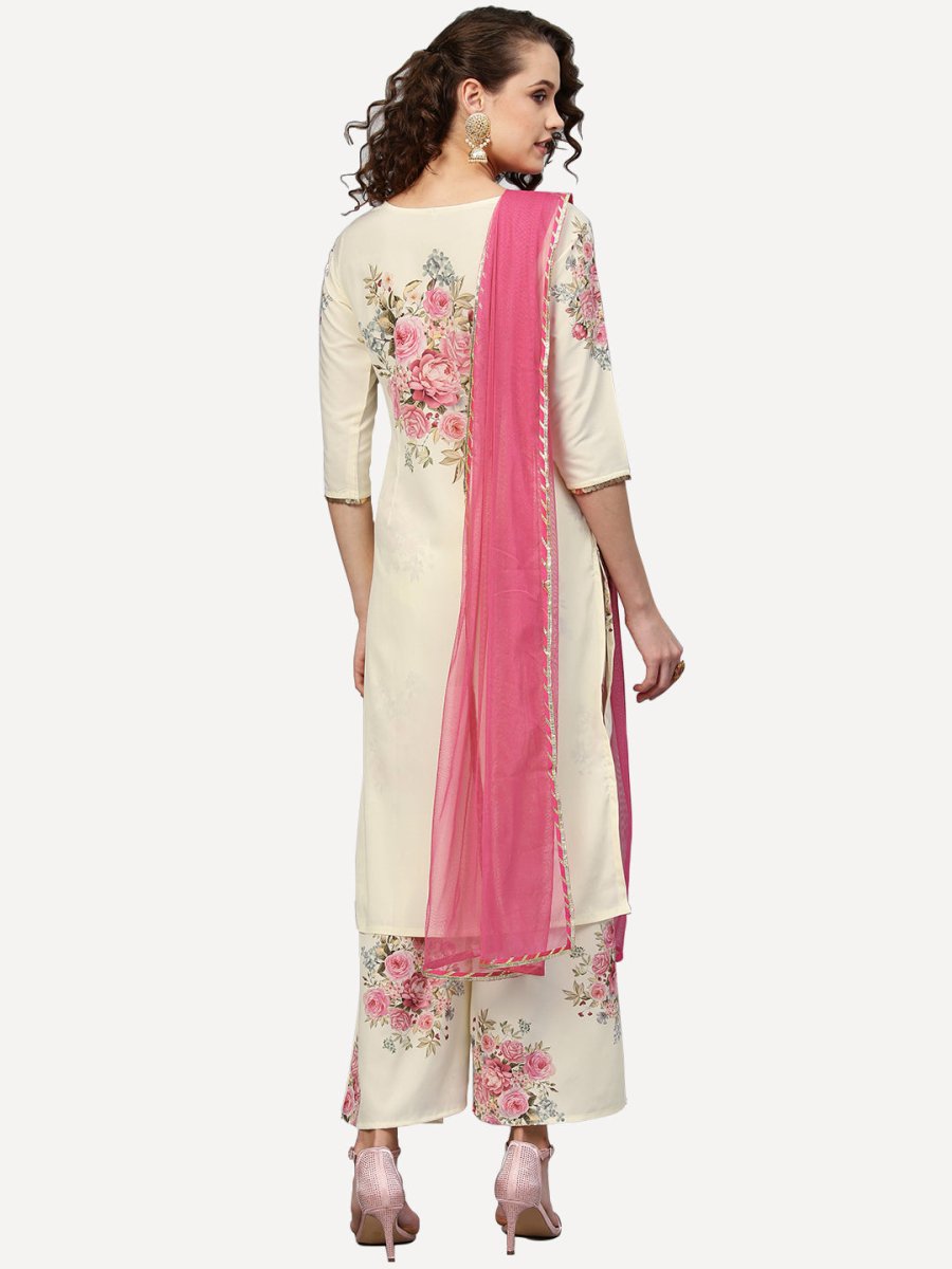 Ahalyaa Women Cream-Coloured & Pink Printed Kurta with Palazzos & Dupatta | Swadesiicart