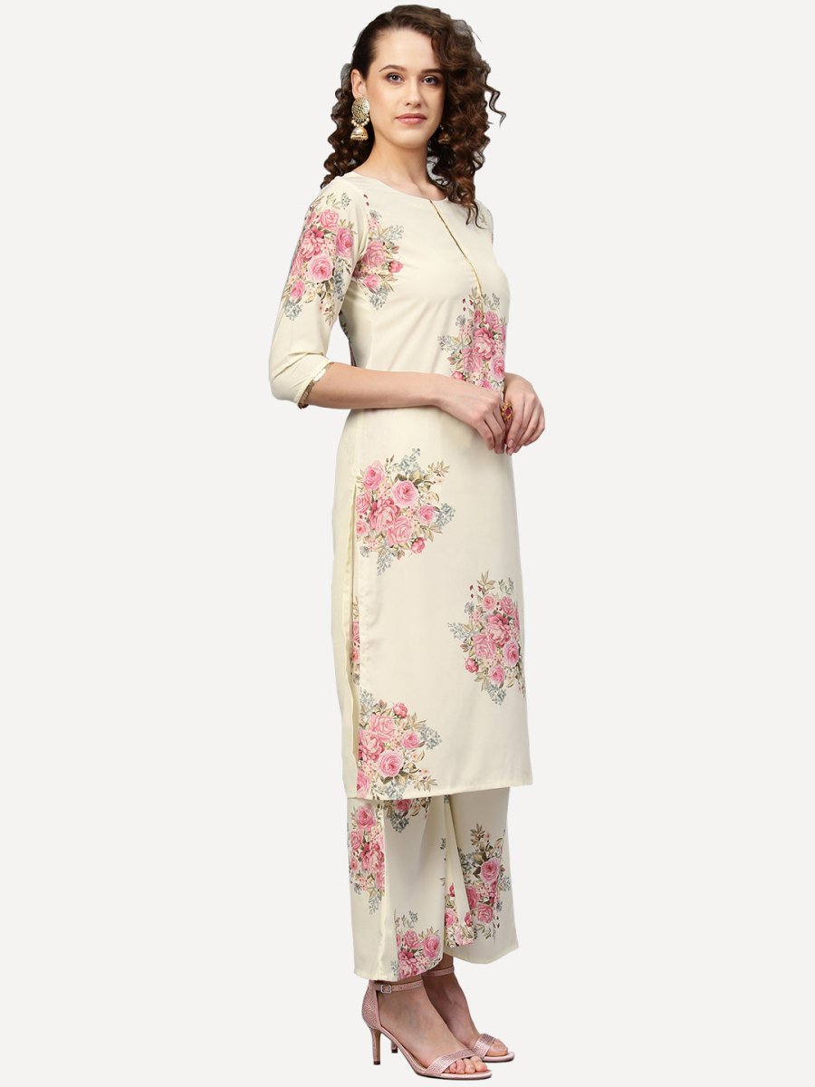 Ahalyaa Women Cream-Coloured & Pink Printed Kurta with Palazzos & Dupatta | Swadesiicart