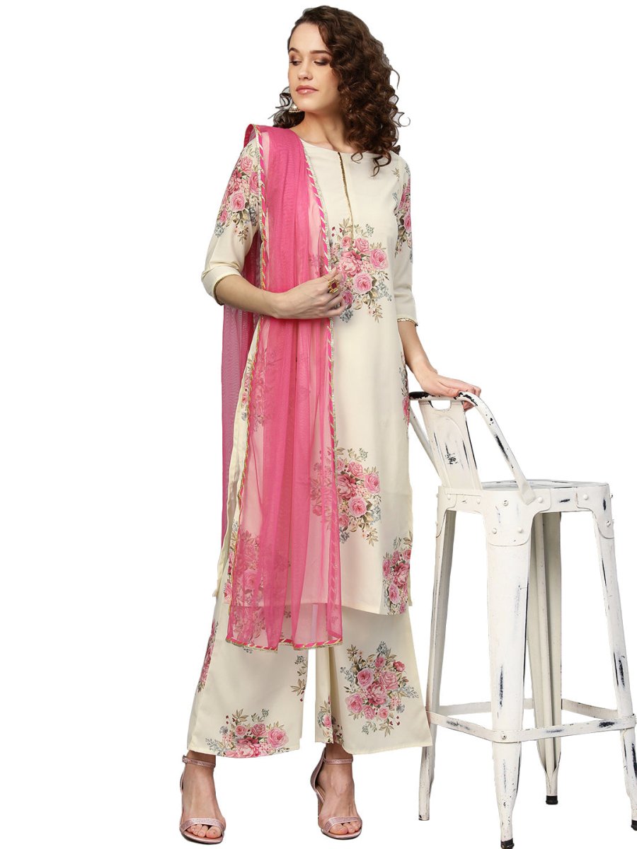 Ahalyaa Women Cream-Coloured & Pink Printed Kurta with Palazzos & Dupatta | Swadesiicart