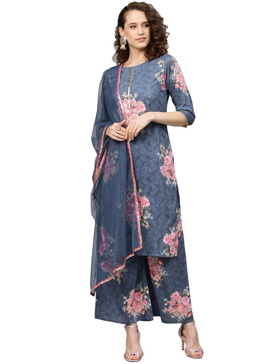 Ahalyaa Women Blue & Pink Printed Kurta with Palazzos & Dupatta | Swadesiicart