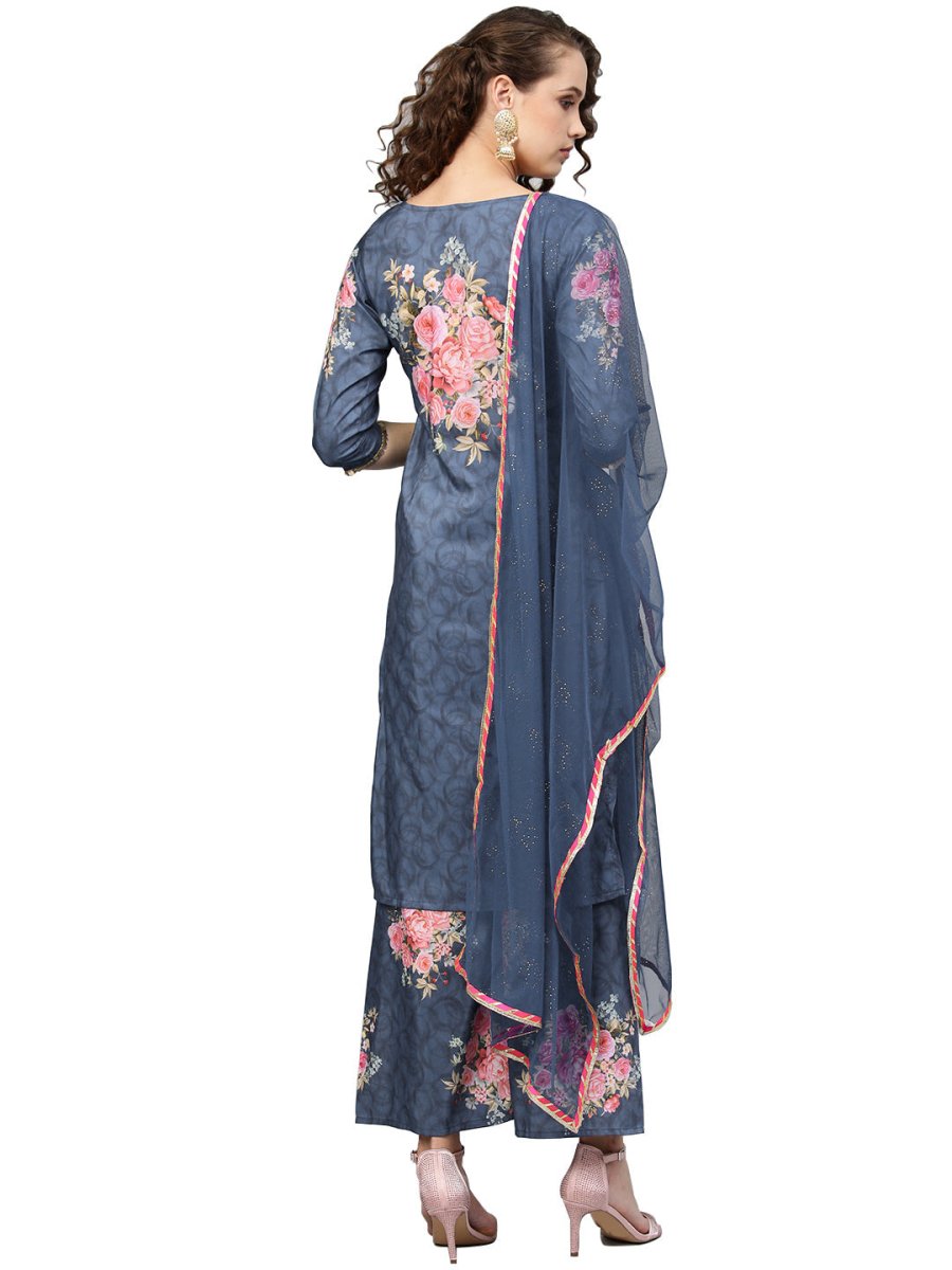 Ahalyaa Women Blue & Pink Printed Kurta with Palazzos & Dupatta | Swadesiicart
