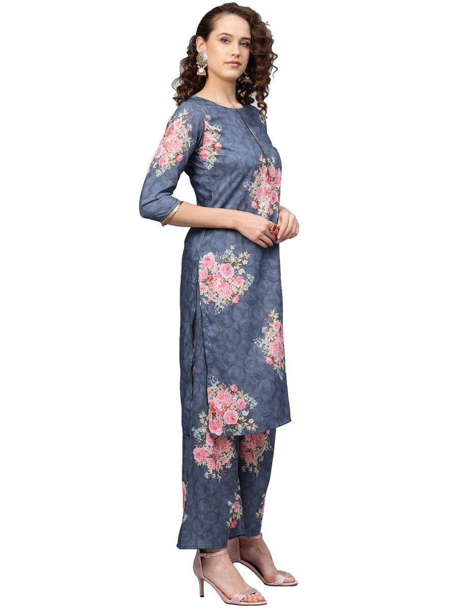 Ahalyaa Women Blue & Pink Printed Kurta with Palazzos & Dupatta | Swadesiicart
