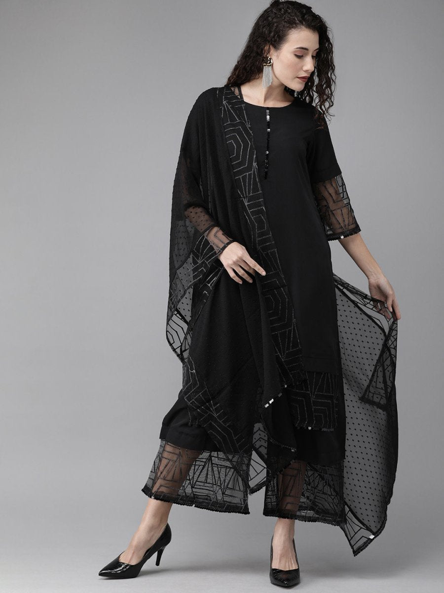 Ahalyaa Women Black Embellished Kurta with Palazzos & Dupatta | Swadesiicart