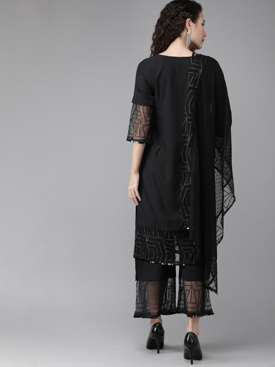 Ahalyaa Women Black Embellished Kurta with Palazzos & Dupatta | Swadesiicart