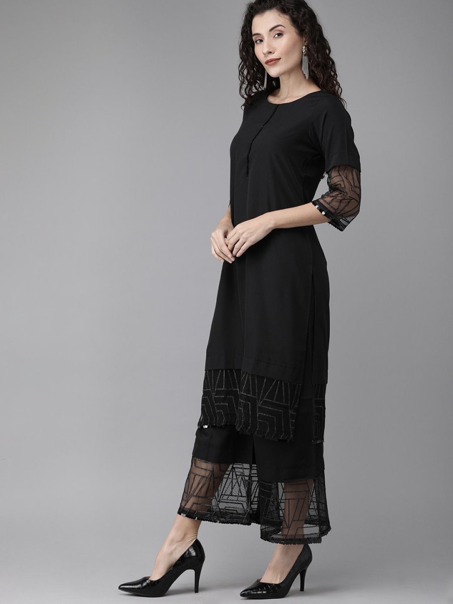 Ahalyaa Women Black Embellished Kurta with Palazzos & Dupatta | Swadesiicart
