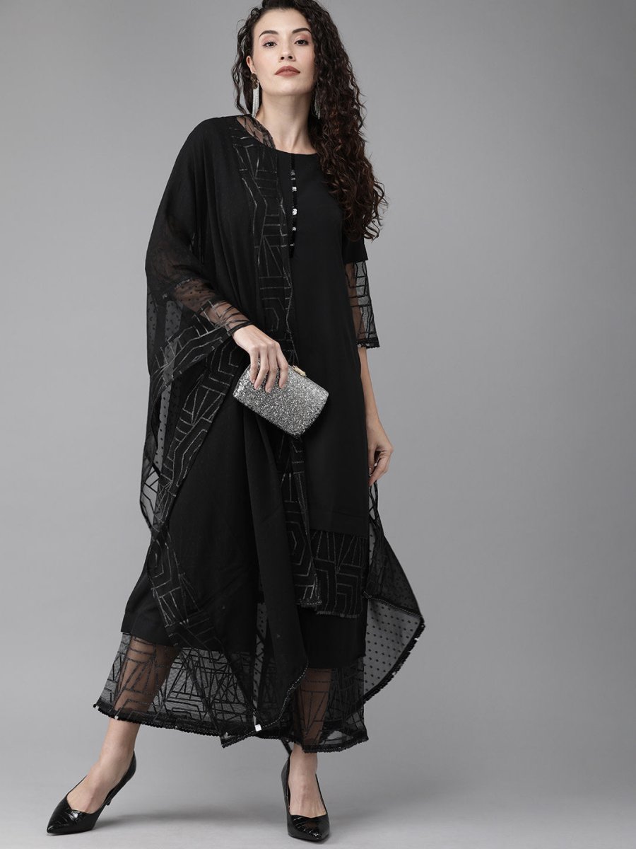 Ahalyaa Women Black Embellished Kurta with Palazzos & Dupatta | Swadesiicart