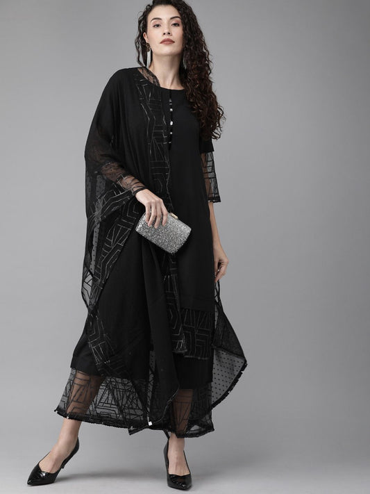 Ahalyaa Women Black Embellished Kurta with Palazzos & Dupatta | Swadesiicart