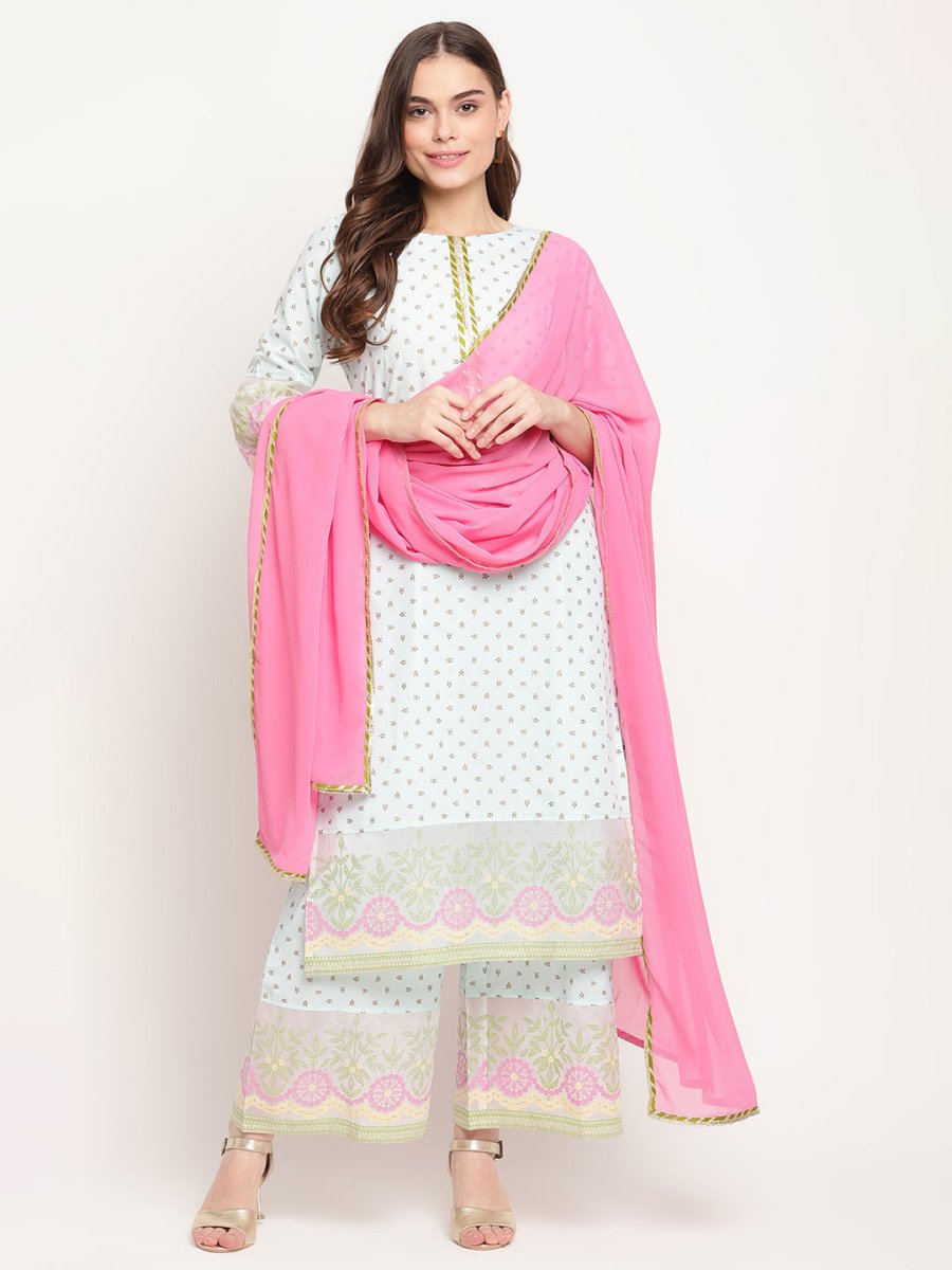 Ahalyaa Women Blue Ethnic Motifs Printed Regular Gotta Patti Kurta With Palazzos & Dupatta | Swadesiicart