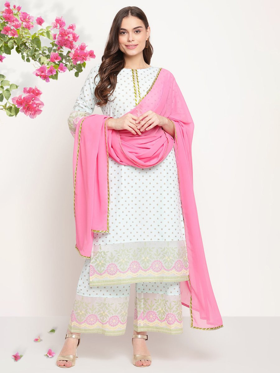 Ahalyaa Women Blue Ethnic Motifs Printed Regular Gotta Patti Kurta With Palazzos & Dupatta | Swadesiicart