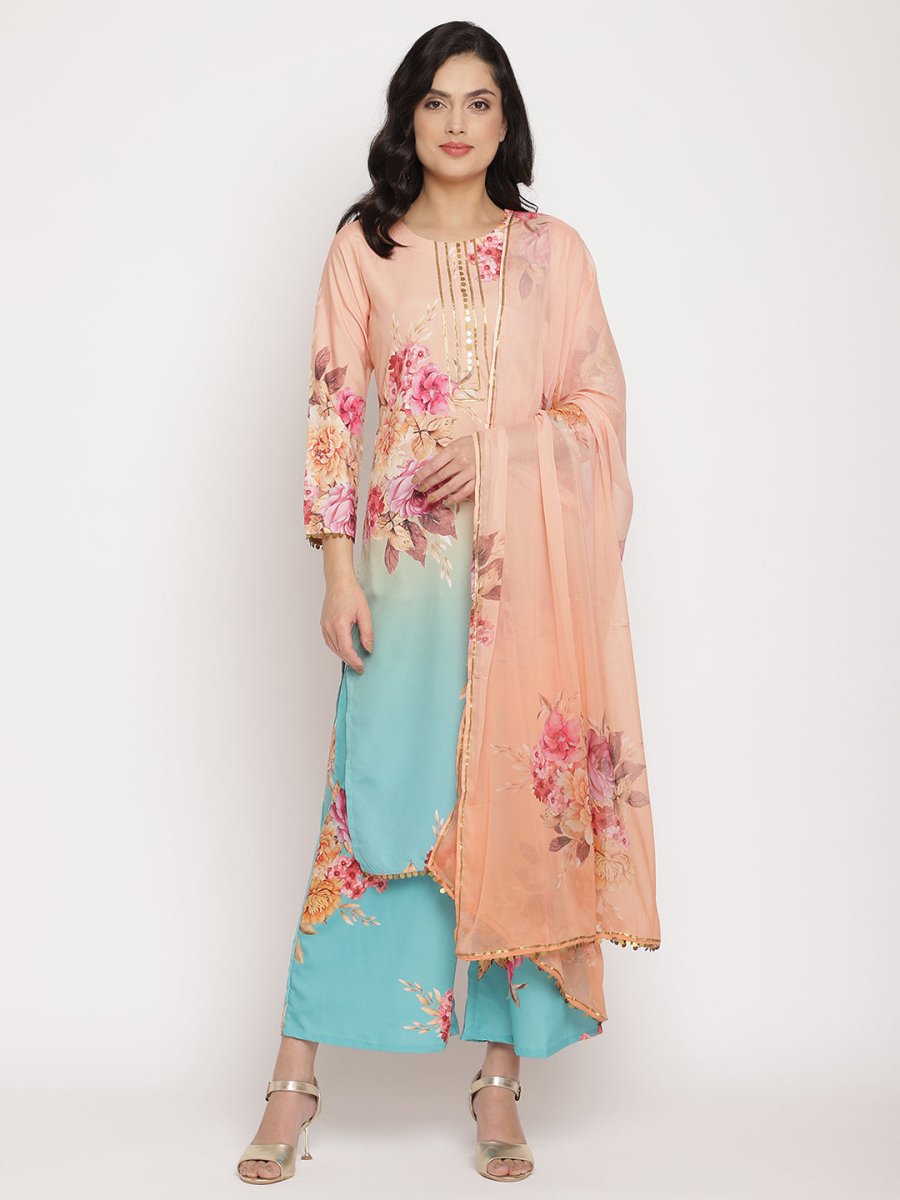 Ahalyaa Women Peach-Color Floral Printed Kurta Palazzo Set With Dupatta | Swadesiicart